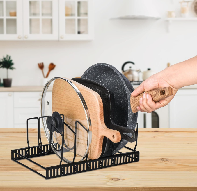 Adjustable Pot Lid Organizer Rack for Kitchen Cabinets and Countertops