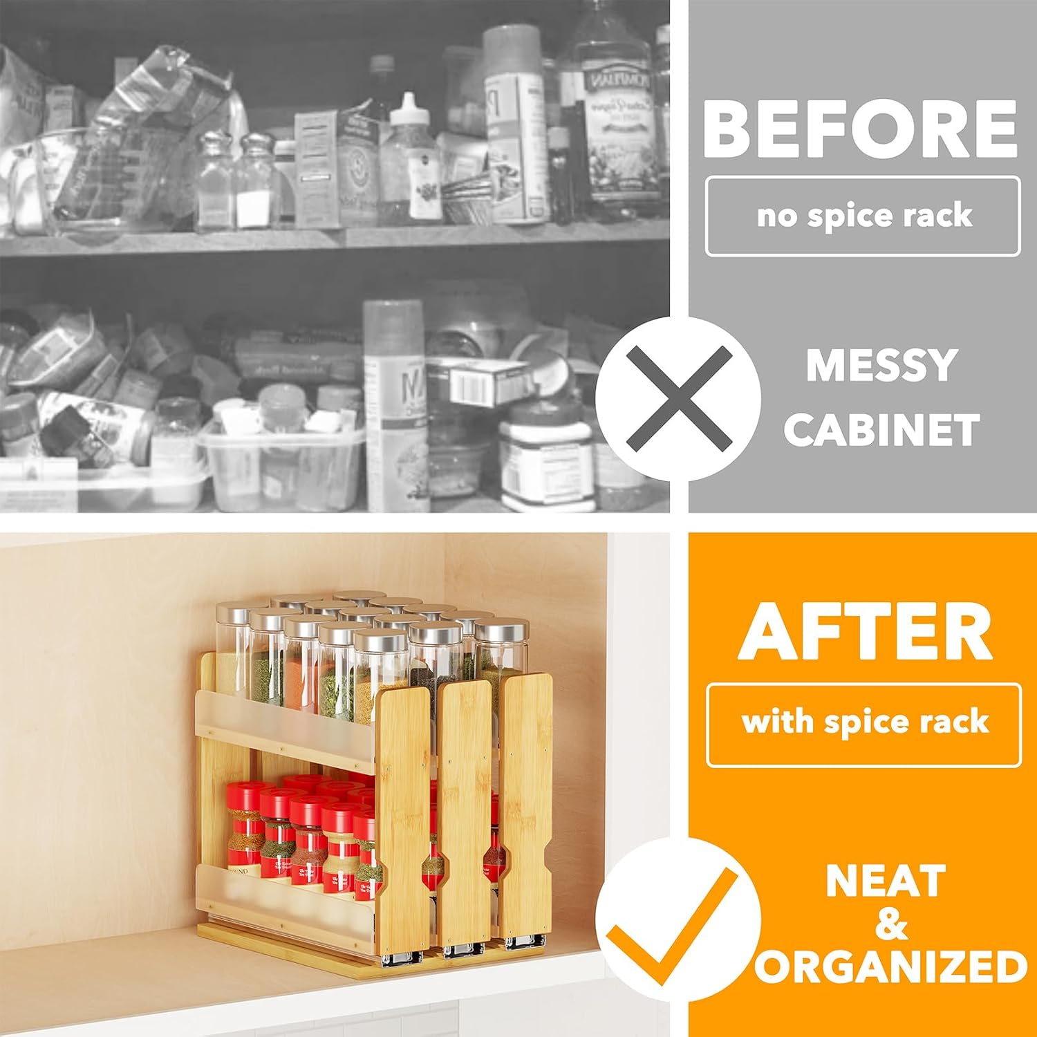 Bamboo Pull-Out Spice Rack Organizer for Cabinets - Image 2