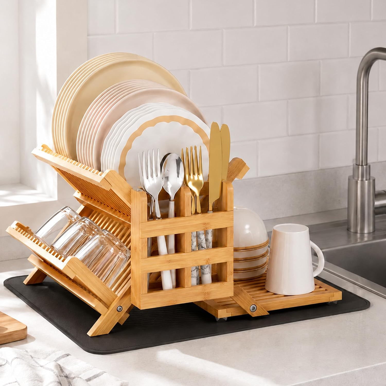 Foldable Bamboo Dish Drying Rack with Utensil Holder and Drying Mat