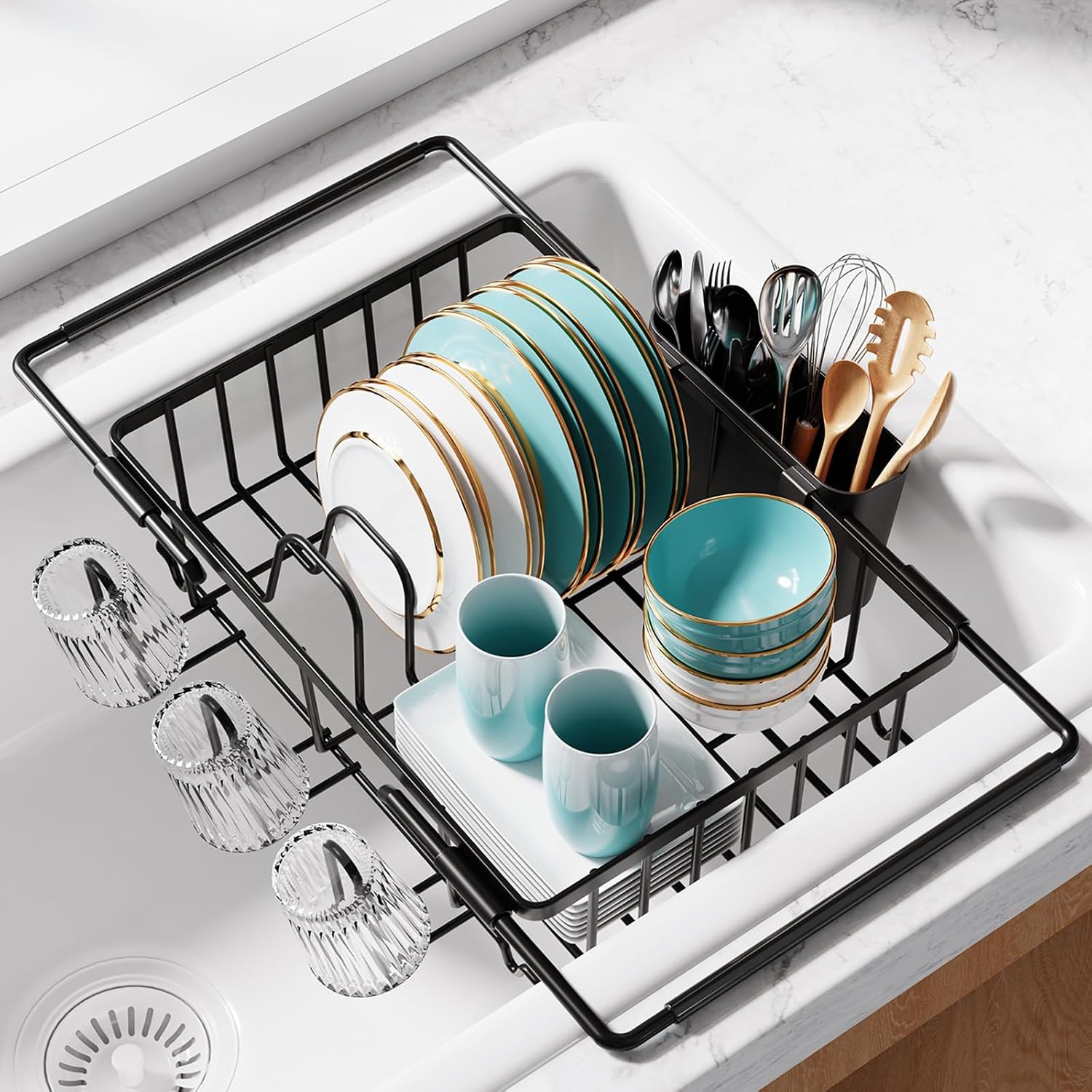 Expandable Over-Sink Dish Rack with Cup and Cutlery Holders