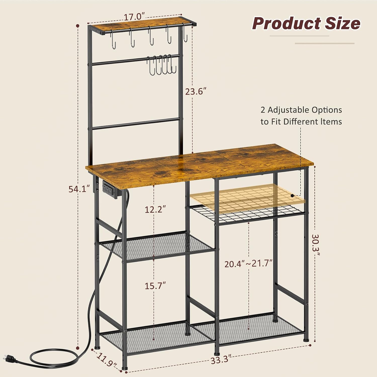 Multi-Tier Kitchen Baker's Rack with Power Outlet and Hanging Hooks - Image 2