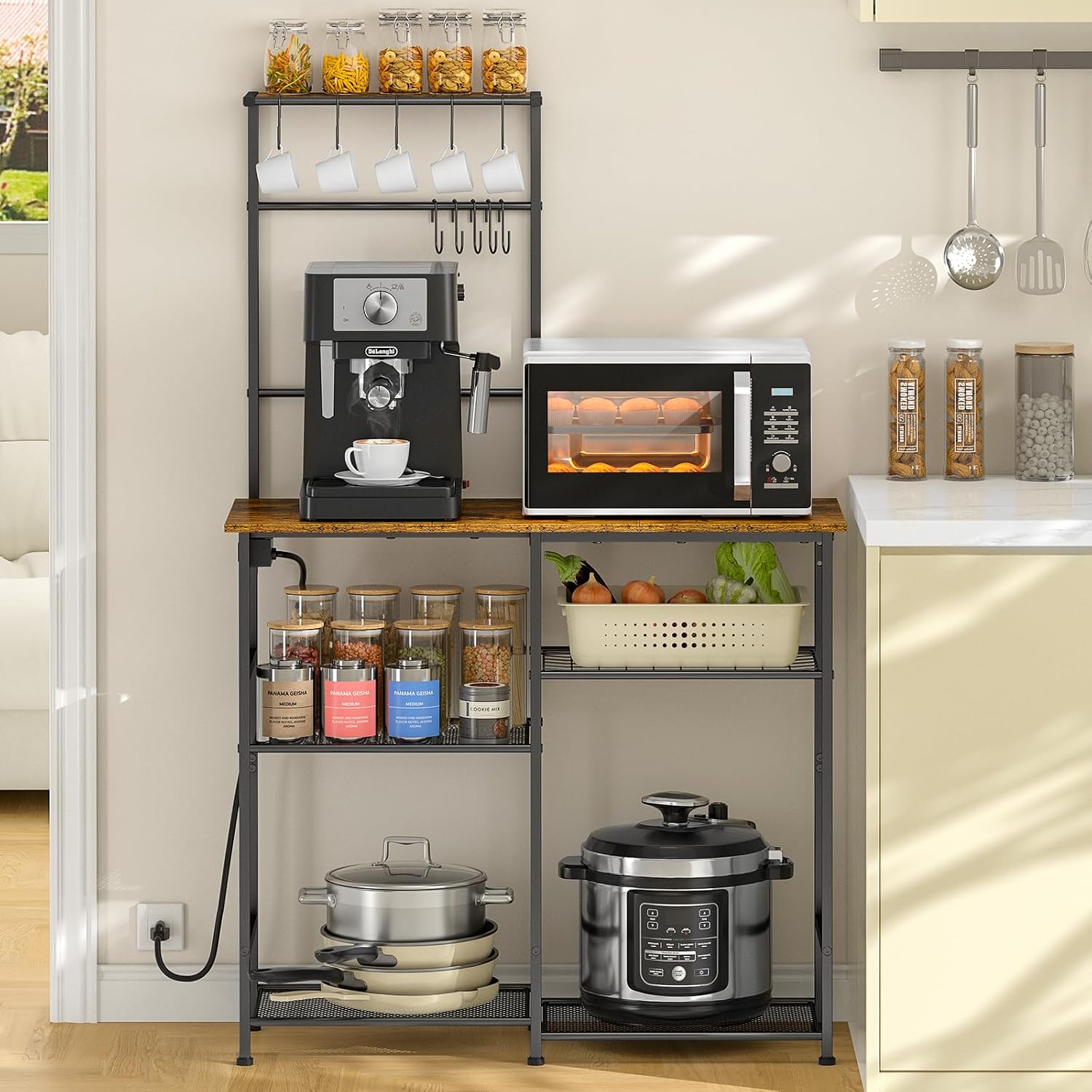 Multi-Tier Kitchen Baker's Rack with Power Outlet and Hanging Hooks