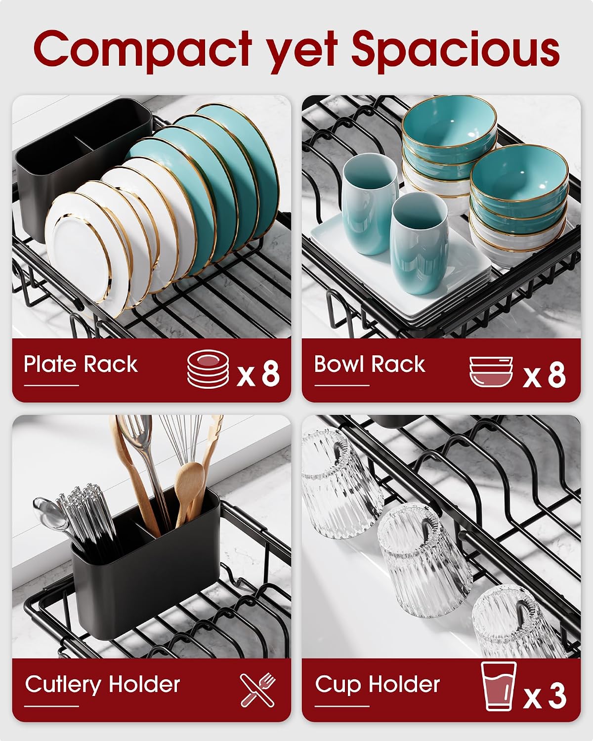 Expandable Over-Sink Dish Rack with Cup and Cutlery Holders - Image 2