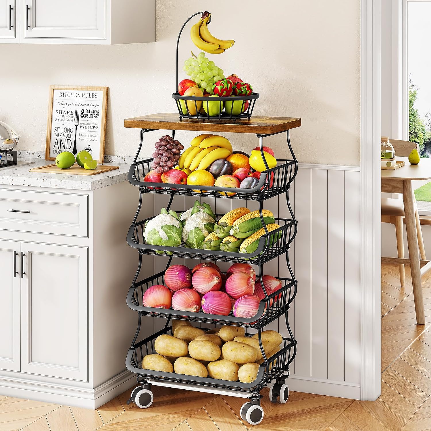 Five-Tier Produce Basket Stand with Wooden Top