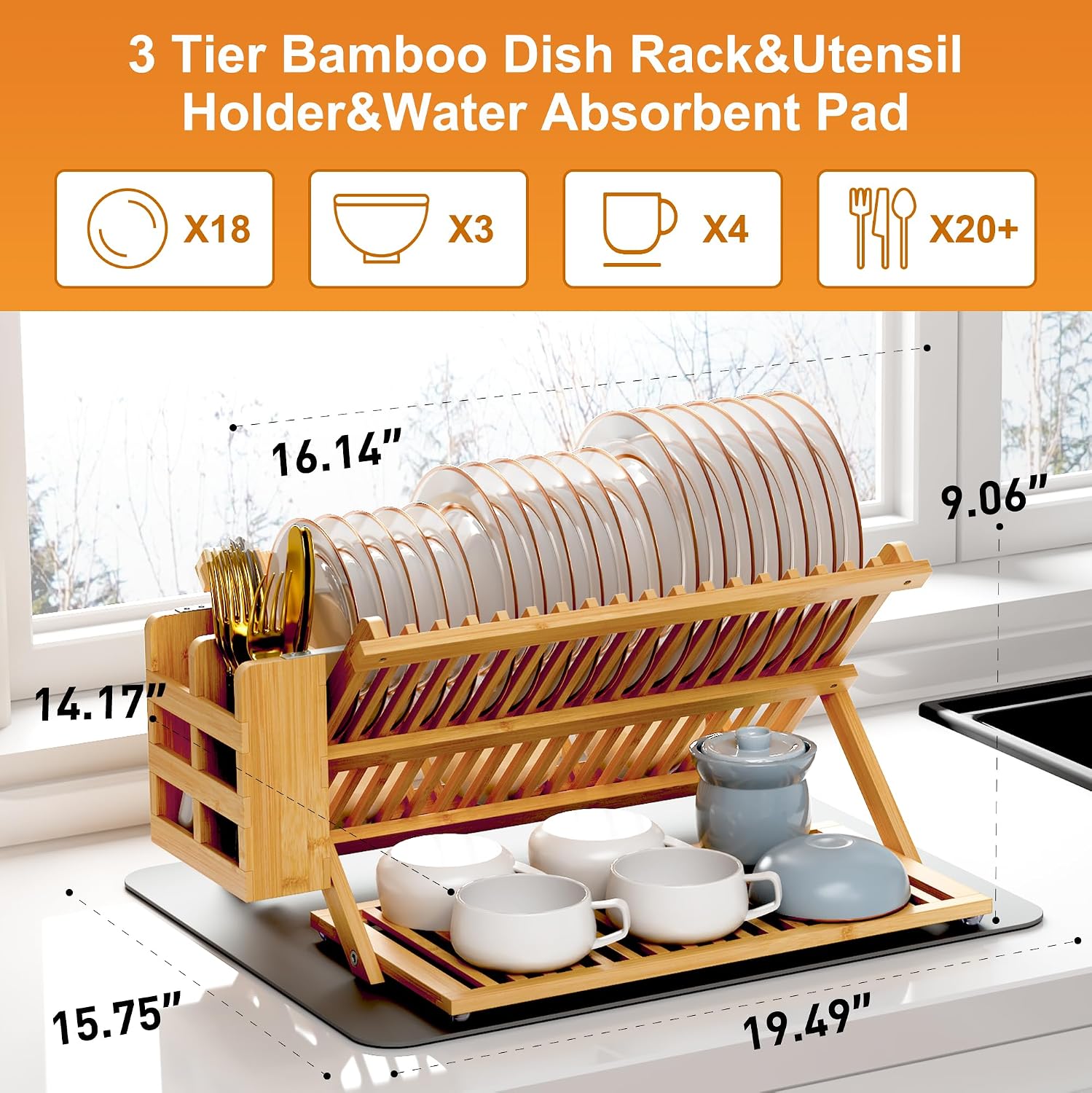 Foldable Bamboo Dish Drying Rack with Utensil Holder and Drying Mat - Image 2
