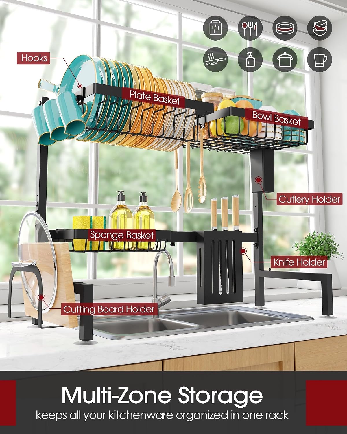 Adjustable Two-Tier Over-Sink Dish Drying Rack with Utensil Holders - Image 2