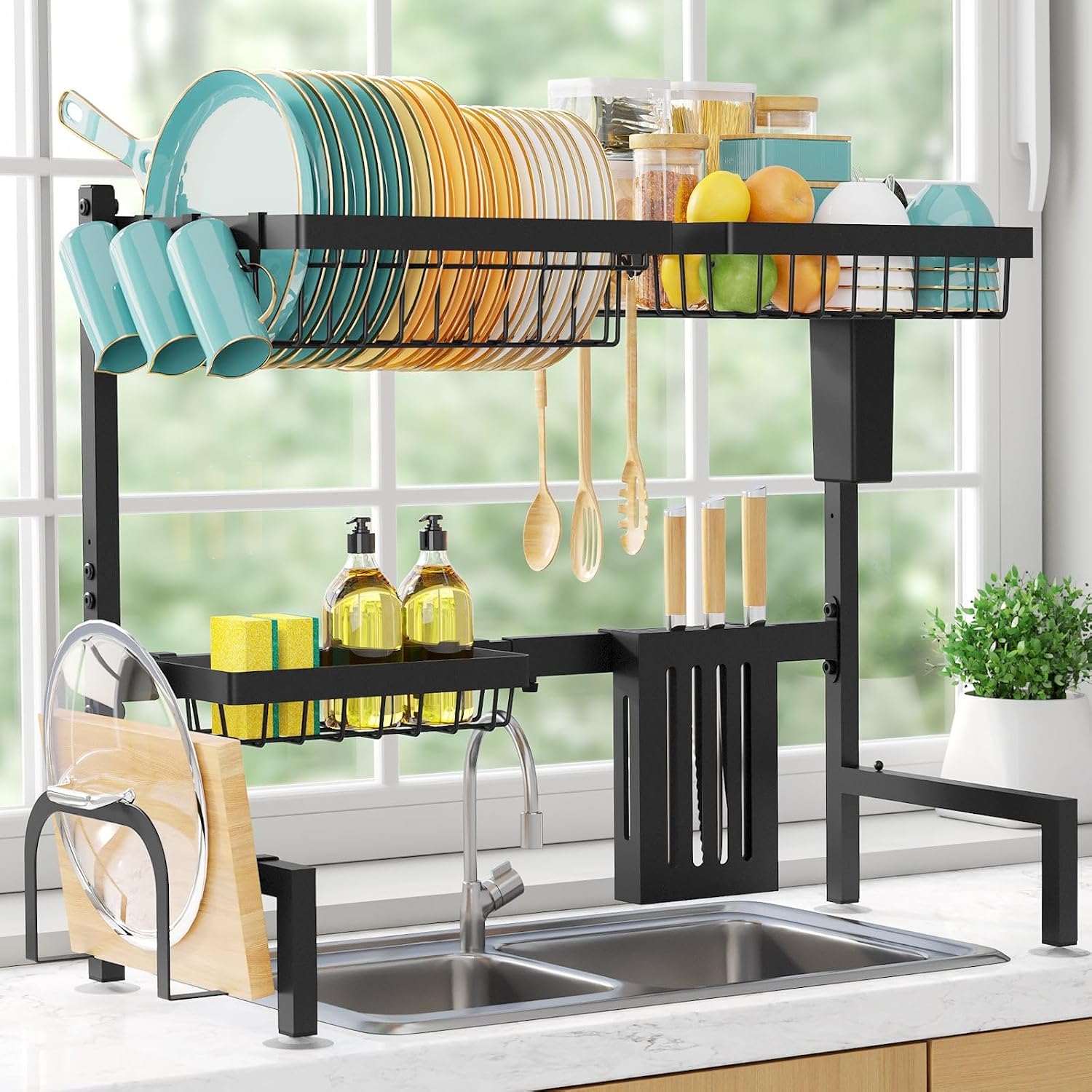 Adjustable Two-Tier Over-Sink Dish Drying Rack with Utensil Holders