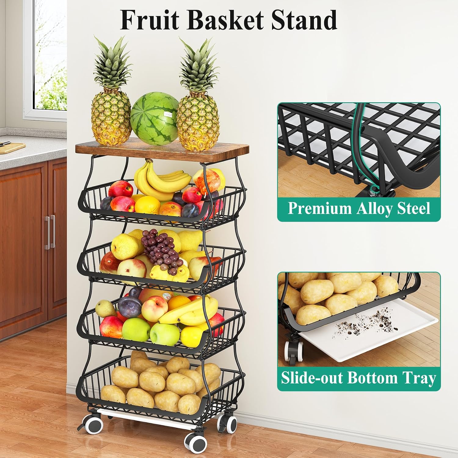 Five-Tier Produce Basket Stand with Wooden Top - Image 2